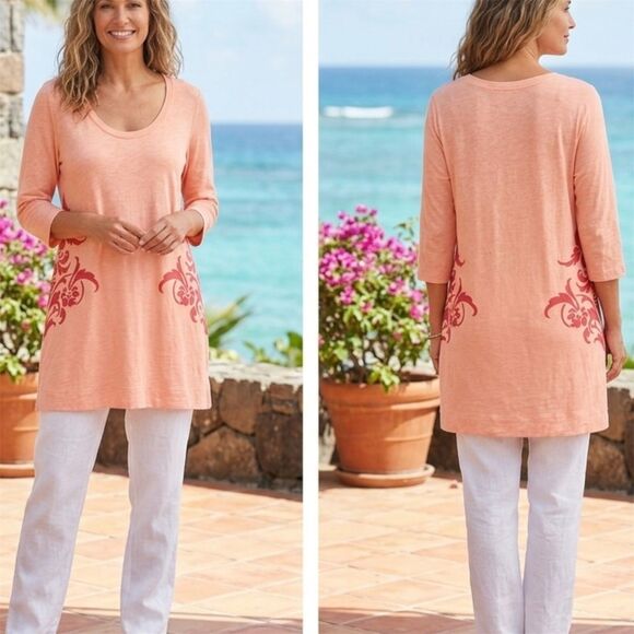 Soft Surroundings Tops - Soft Surroundings Jersey Tunic Top Womens Large Tropical Peach Floral Scoop Neck